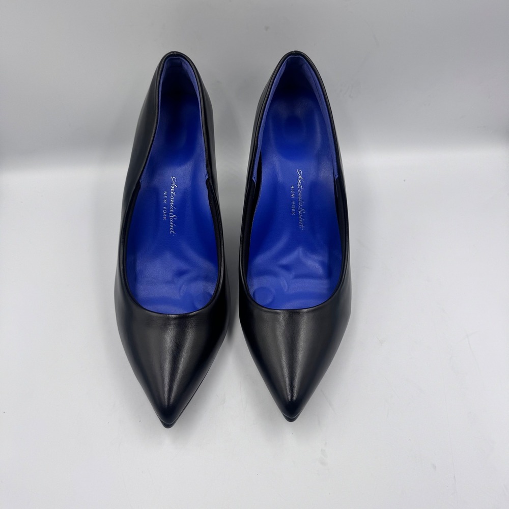 Antonia Saint NY High Heel Pumps Black Leather Pointed Toe Blue Insole 9.5